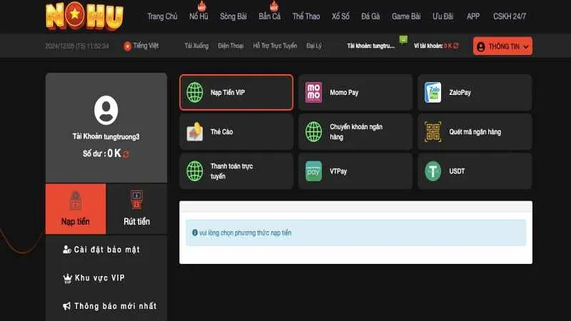 NOHU – Cổng Game Nổ Hũ Uy Tín - Link Nohu90 Không Bị Chặn Chọn phương thức nạp và bắt đầu giao dịch